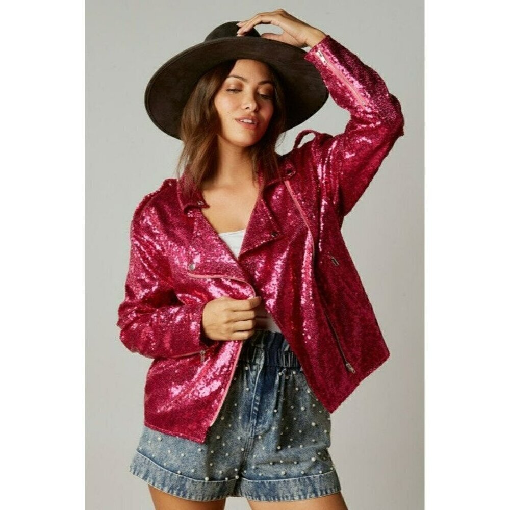 Make Way for Sequin Moto Jacket in Fuchsia - Picture 8 of 11